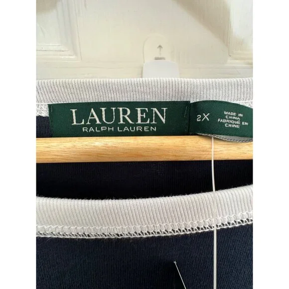 NEW Lauren Ralph Lauren Classics Navy Blue Boatneck Top Woman's Size 2X Nautical - Picture 8 of 10